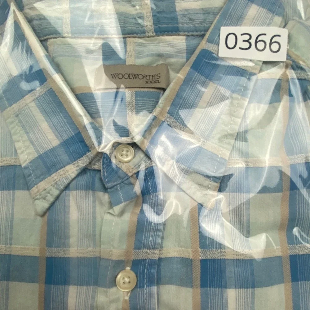 Woolworths Mens XXXL Blue Plaid Cotton Linen Short Sleeve Button Up Shirt 0366